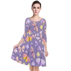 Vector-seamless-pattern-with-butterflies-beetles Quarter Sleeve Waist Band Dress