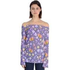 Vector-seamless-pattern-with-butterflies-beetles Off Shoulder Long Sleeve Top