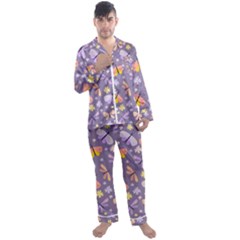 Vector-seamless-pattern-with-butterflies-beetles Men s Long Sleeve Satin Pajamas Set