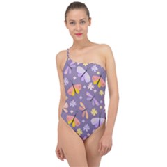 Vector-seamless-pattern-with-butterflies-beetles Classic One Shoulder Swimsuit