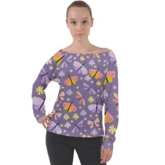 Vector-seamless-pattern-with-butterflies-beetles Off Shoulder Long Sleeve Velour Top