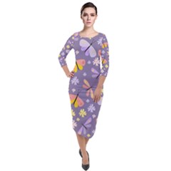 Vector-seamless-pattern-with-butterflies-beetles Quarter Sleeve Midi Velour Bodycon Dress