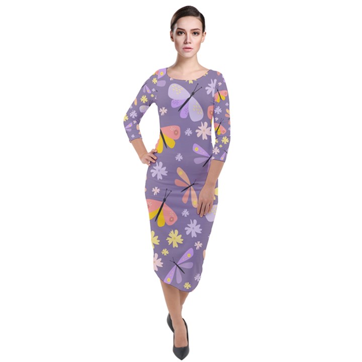 Vector-seamless-pattern-with-butterflies-beetles Quarter Sleeve Midi Velour Bodycon Dress