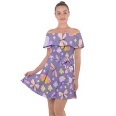 Vector-seamless-pattern-with-butterflies-beetles Off Shoulder Velour Dress