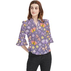 Vector-seamless-pattern-with-butterflies-beetles Loose Horn Sleeve Chiffon Blouse