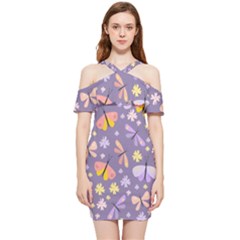 Vector-seamless-pattern-with-butterflies-beetles Shoulder Frill Bodycon Summer Dress