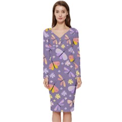 Vector-seamless-pattern-with-butterflies-beetles Long Sleeve V-neck Bodycon Dress 