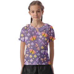 Vector-seamless-pattern-with-butterflies-beetles Kids  Frill Chiffon Blouse