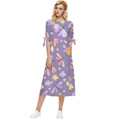 Vector-seamless-pattern-with-butterflies-beetles Bow Sleeve Chiffon Midi Dress