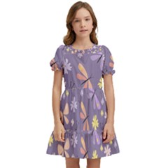 Vector-seamless-pattern-with-butterflies-beetles Kids  Puff Sleeved Dress