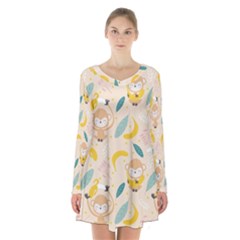 Cute-monkey-banana-seamless-pattern-background Long Sleeve Velvet V-neck Dress