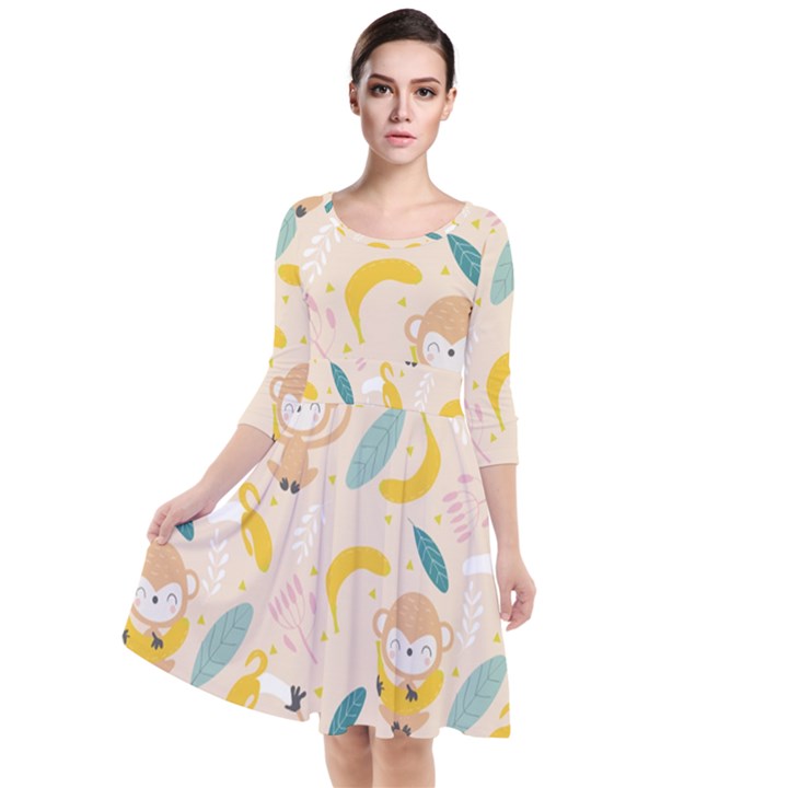 Cute-monkey-banana-seamless-pattern-background Quarter Sleeve Waist Band Dress