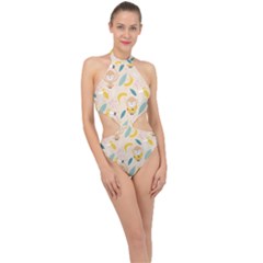 Cute-monkey-banana-seamless-pattern-background Halter Side Cut Swimsuit