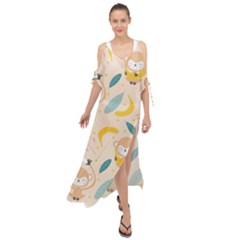 Cute-monkey-banana-seamless-pattern-background Maxi Chiffon Cover Up Dress