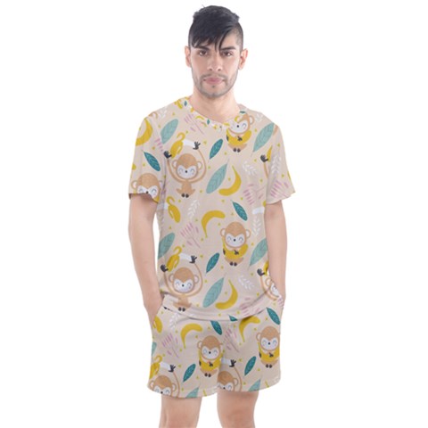 Cute-monkey-banana-seamless-pattern-background Men s Mesh Tee And Shorts Set by Jancukart