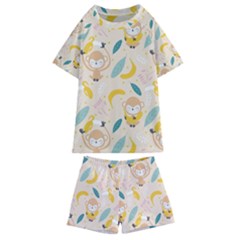 Cute-monkey-banana-seamless-pattern-background Kids  Swim Tee And Shorts Set by Jancukart