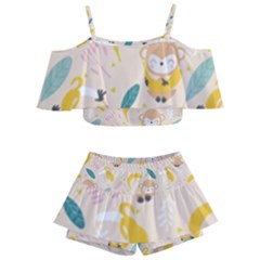 Cute-monkey-banana-seamless-pattern-background Kids  Off Shoulder Skirt Bikini