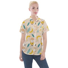 Cute-monkey-banana-seamless-pattern-background Women s Short Sleeve Pocket Shirt