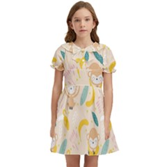 Cute-monkey-banana-seamless-pattern-background Kids  Bow Tie Puff Sleeve Dress