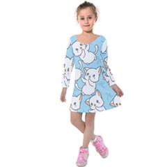 Seamless-little-cat-dragonfly-pattern Kids  Long Sleeve Velvet Dress