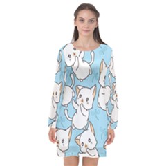 Seamless-little-cat-dragonfly-pattern Long Sleeve Chiffon Shift Dress 