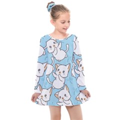 Seamless-little-cat-dragonfly-pattern Kids  Long Sleeve Dress