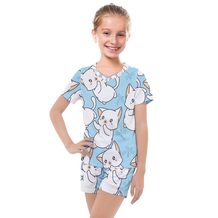 Seamless-little-cat-dragonfly-pattern Kids  Mesh Tee and Shorts Set