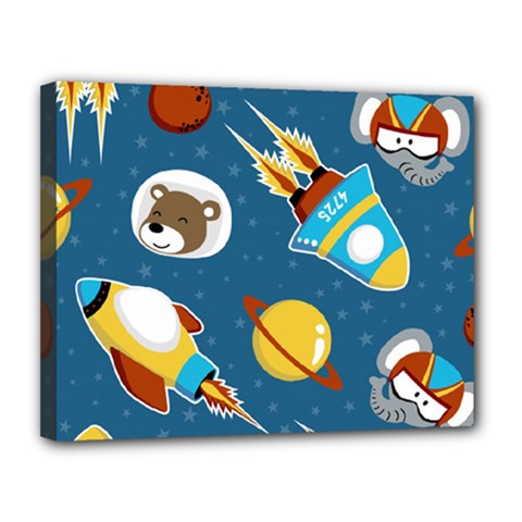 Seamless-pattern-vector-with-spacecraft-funny-animals-astronaut Canvas 14  X 11  (stretched) by Jancukart