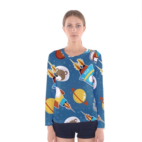 Seamless-pattern-vector-with-spacecraft-funny-animals-astronaut Women s Long Sleeve Tee by Jancukart