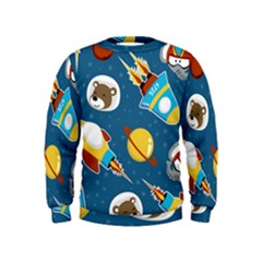 Seamless-pattern-vector-with-spacecraft-funny-animals-astronaut Kids  Sweatshirt by Jancukart