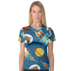 Seamless-pattern-vector-with-spacecraft-funny-animals-astronaut V-neck Sport Mesh Tee