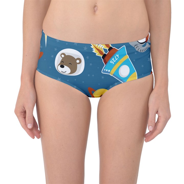 Seamless-pattern-vector-with-spacecraft-funny-animals-astronaut Mid-Waist Bikini Bottoms