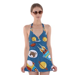 Seamless-pattern-vector-with-spacecraft-funny-animals-astronaut Halter Dress Swimsuit  by Jancukart