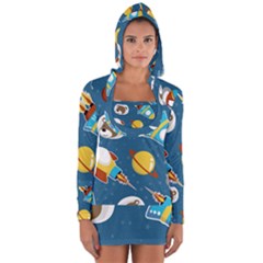 Seamless-pattern-vector-with-spacecraft-funny-animals-astronaut Long Sleeve Hooded T-shirt