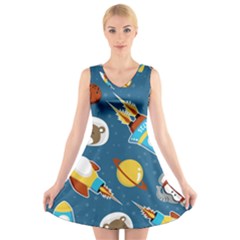 Seamless-pattern-vector-with-spacecraft-funny-animals-astronaut V-neck Sleeveless Dress by Jancukart