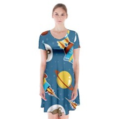 Seamless-pattern-vector-with-spacecraft-funny-animals-astronaut Short Sleeve V-neck Flare Dress