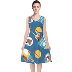 Seamless-pattern-vector-with-spacecraft-funny-animals-astronaut V-neck Midi Sleeveless Dress 