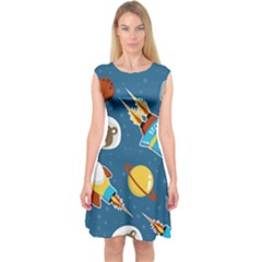 Seamless-pattern-vector-with-spacecraft-funny-animals-astronaut Capsleeve Midi Dress