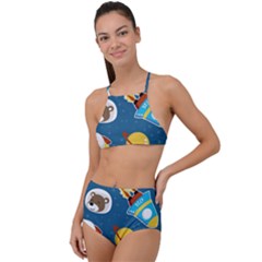 Seamless-pattern-vector-with-spacecraft-funny-animals-astronaut High Waist Tankini Set