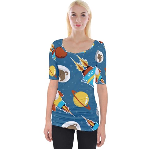 Seamless-pattern-vector-with-spacecraft-funny-animals-astronaut Wide Neckline Tee by Jancukart