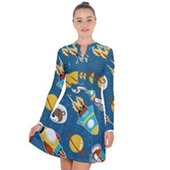 Seamless-pattern-vector-with-spacecraft-funny-animals-astronaut Long Sleeve Panel Dress by Jancukart