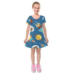 Seamless-pattern-vector-with-spacecraft-funny-animals-astronaut Kids  Short Sleeve Velvet Dress