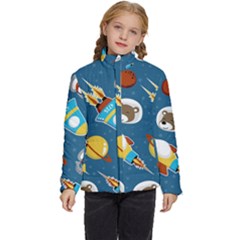 Seamless-pattern-vector-with-spacecraft-funny-animals-astronaut Kids  Puffer Bubble Jacket Coat