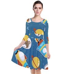 Seamless-pattern-vector-with-spacecraft-funny-animals-astronaut Quarter Sleeve Waist Band Dress