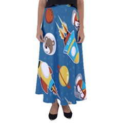 Seamless-pattern-vector-with-spacecraft-funny-animals-astronaut Flared Maxi Skirt