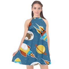 Seamless-pattern-vector-with-spacecraft-funny-animals-astronaut Halter Neckline Chiffon Dress  by Jancukart