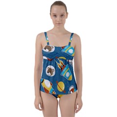 Seamless-pattern-vector-with-spacecraft-funny-animals-astronaut Twist Front Tankini Set by Jancukart