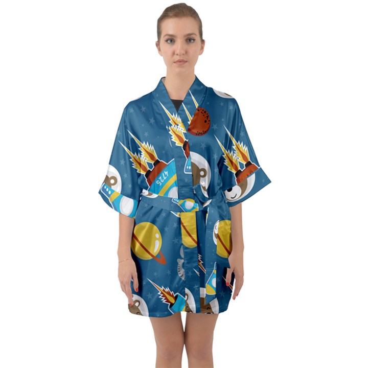 Seamless-pattern-vector-with-spacecraft-funny-animals-astronaut Half Sleeve Satin Kimono 