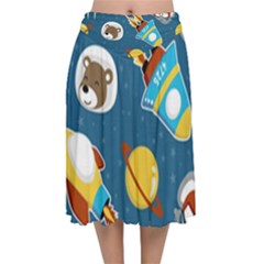 Seamless-pattern-vector-with-spacecraft-funny-animals-astronaut Velvet Flared Midi Skirt