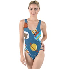 Seamless-pattern-vector-with-spacecraft-funny-animals-astronaut High Leg Strappy Swimsuit by Jancukart